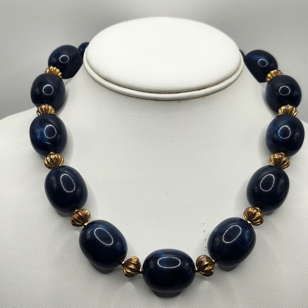 Vintage Blue Swirl Resin Bead Necklace Gold‎ Tone Spacers Box Clasp Retro READ